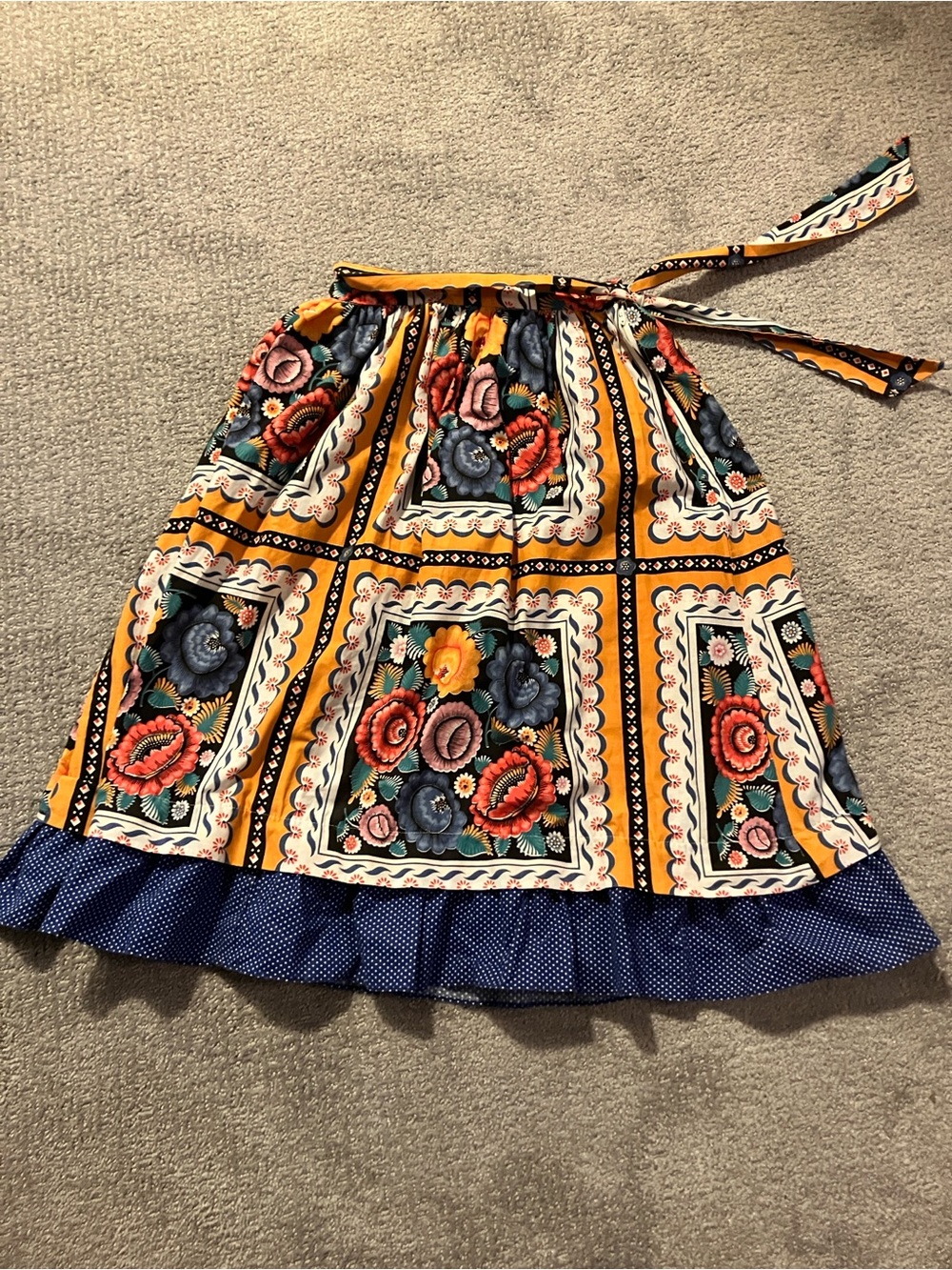 Vintage Floral Panel A-Line Skirt in Mustard and Navy